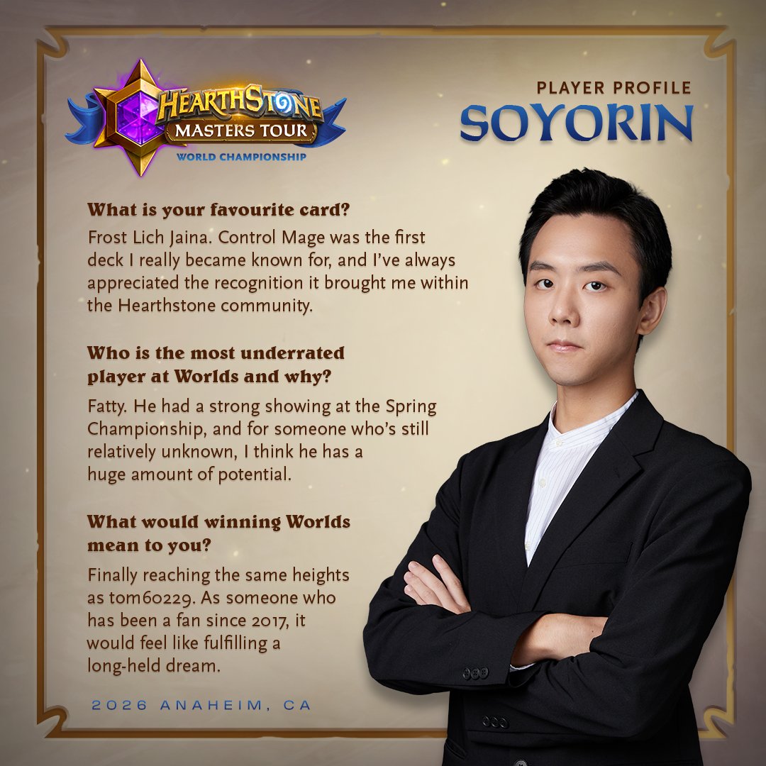 PlayHearthstone's tweet photo. With the BlizzCon Hearthstone World Championship just around the corner, it's time to meet the competitors!

As they prepare for the biggest tournament of their lives, we asked each player to share a little bit about themselves.

Stay tuned; more player spotlights are on the way! https://t.co/ltYADKEBmL