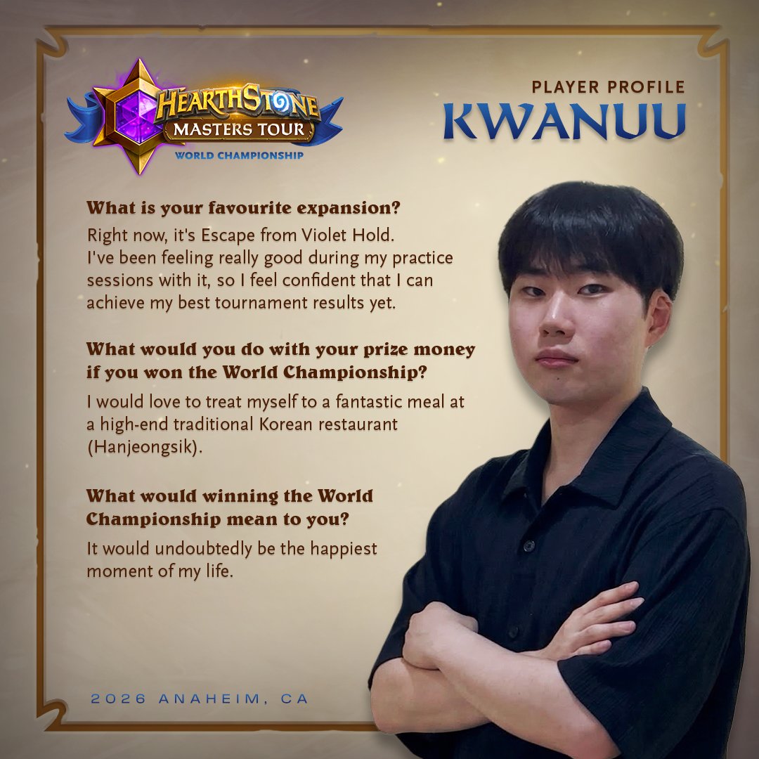 PlayHearthstone's tweet photo. With the BlizzCon Hearthstone World Championship just around the corner, it's time to meet the competitors!

As they prepare for the biggest tournament of their lives, we asked each player to share a little bit about themselves.

Stay tuned; more player spotlights are on the way! https://t.co/ltYADKEBmL
