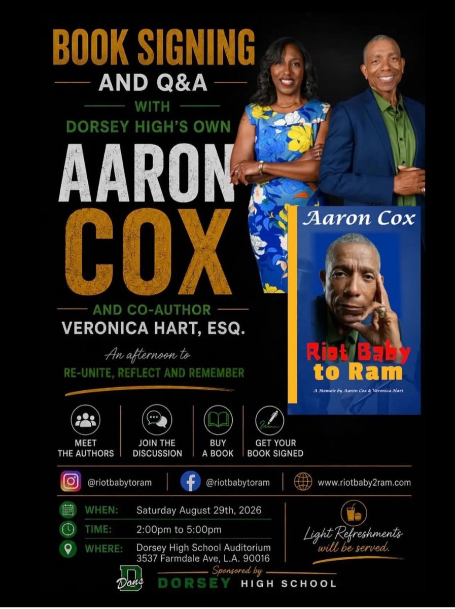 TKJay15's tweet photo. @SportsCentralLA  Local L.A. native Aaron Cox (Dorsey HS, Arizona State University grad) is presenting a book signing "Riot Baby to Ram" at Dorsey HS from 2-5 pm on Saturday August 29th. Cox also is a former L.A. Rams WR. https://t.co/BRtpziynX8