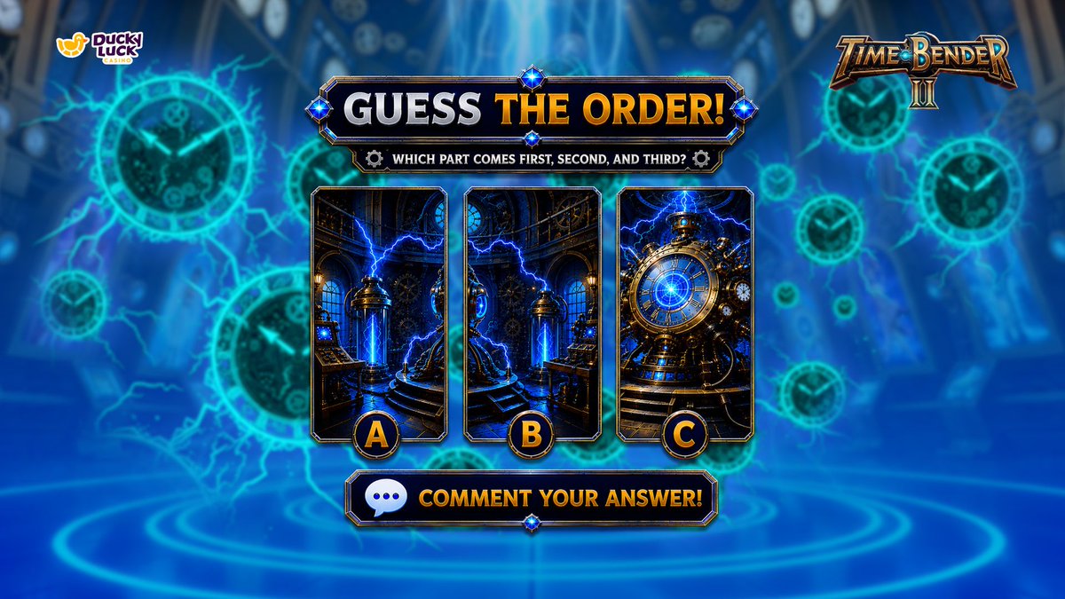 DuckyLuckCasino's tweet photo. ⏳ Time to test your timing...
Can you find the order in Time Bender 2? 👀🔄
Put the pieces in the right order and drop your answer below! 👇
#TimeBender #Slots #Puzzle #Challenge https://t.co/COH2S0XsqP