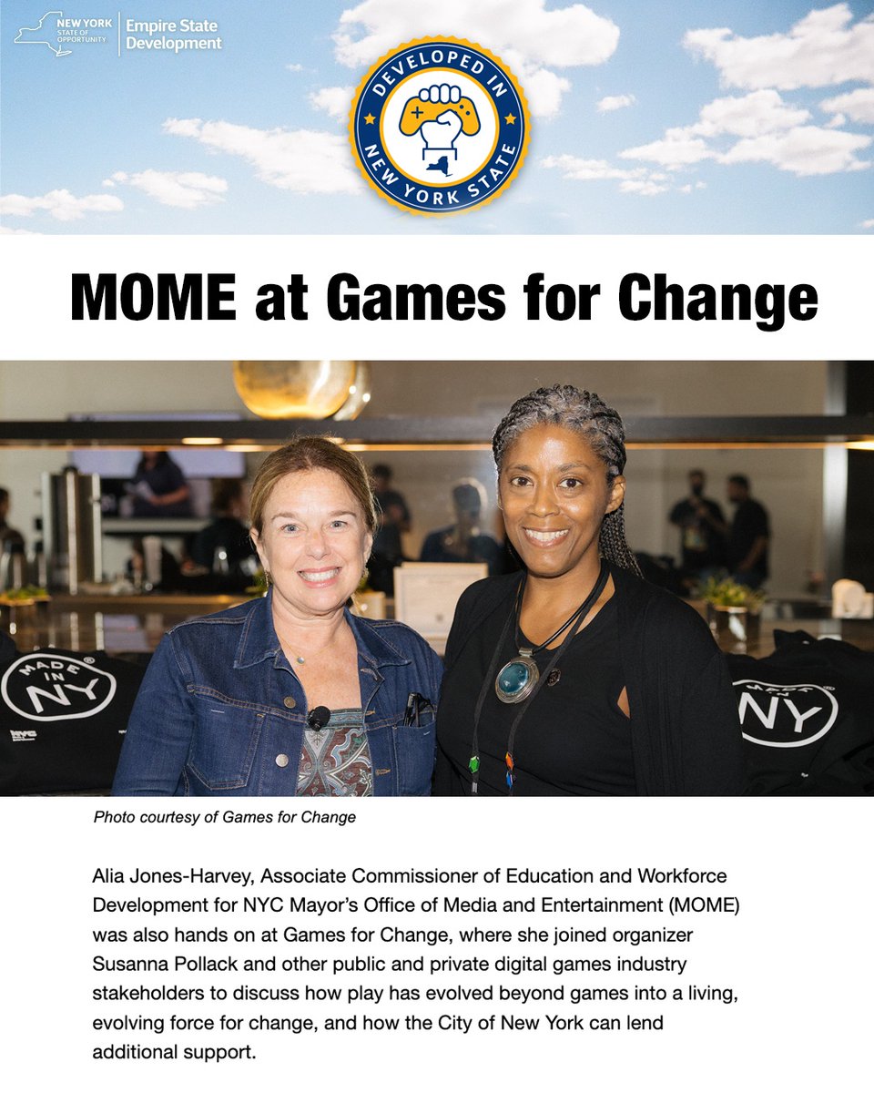 MadeinNY's tweet photo. Thanks @EmpireStateDev for spotlighting MOME's #NYCSummerofGames with free and affordable digital games events and opportunities throughout the city, as well as our support of this year's @G4C festival, where we hosted a roundtable with the Games for Change Board of Directors on strategies to strengthen and grow the city’s game industry. 

Check it out here: https://t.co/i2xC8vH7Yx.