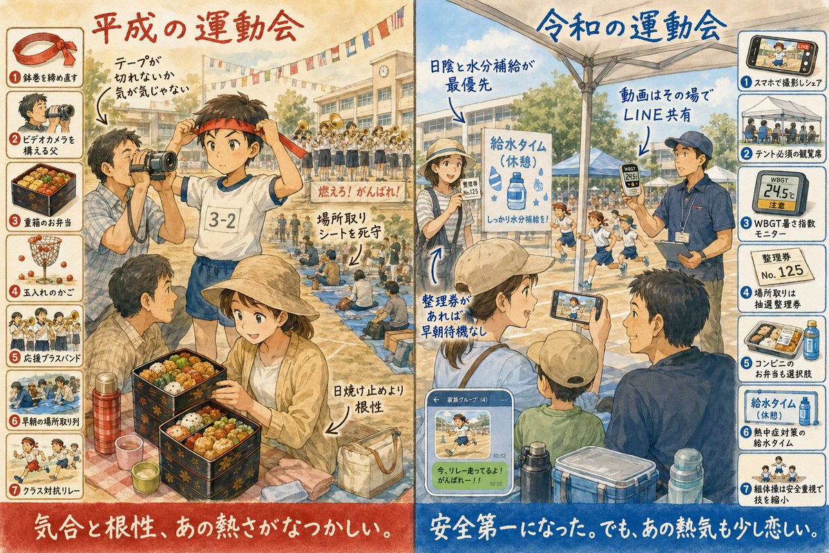 AleinadZA's tweet photo. 運動会の朝、景色がこんなに変わりました。
鉢巻とビデオカメラの平成、テントとスマホ動画の令和。
←平成　　　　　　　　　令和→ https://t.co/1ZKXwTaj3o