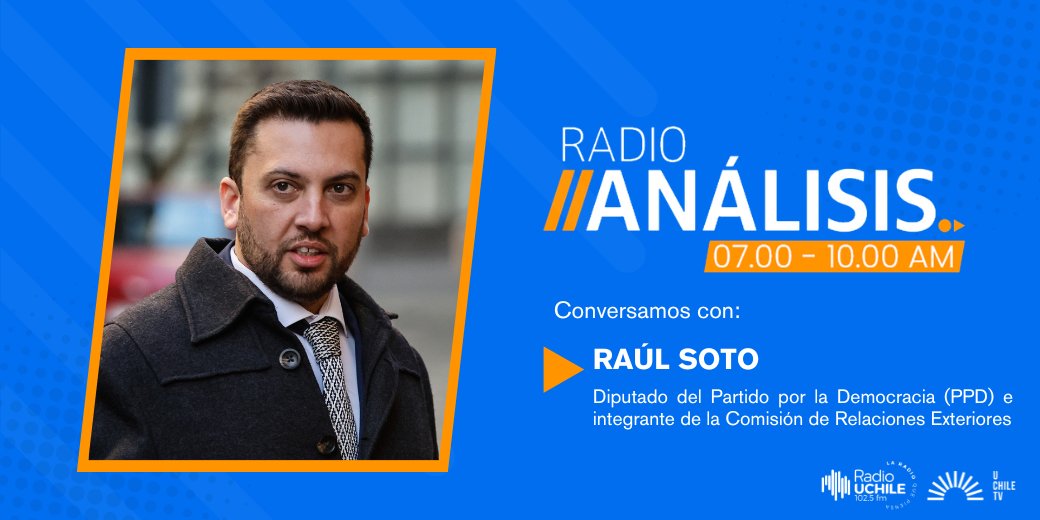 uchileradio's tweet photo. MAÑANA en #RadioAnálisis: El diputado del @PPD_Chile por la Región del Libertador General Bernardo O’Higgins e integrante de la Comisión de Relaciones Exteriores, Raúl Soto (@Raul_Soto1), analiza la candidatura de la expresidenta Michelle Bachelet a la Secretaría General de la Organización de las Naciones Unidas (ONU). Además, aborda el conflicto diplomático entre Chile y Argentina por el Estrecho de Magallanes y las negociaciones entre Chile y Estados Unidos ante las recientes medidas arancelarias impulsadas por el gobierno de Donald Trump.

📻102.5 FM
📷https://t.co/QaM6fOuvuF
📷https://t.co/SMhX6Iidnb