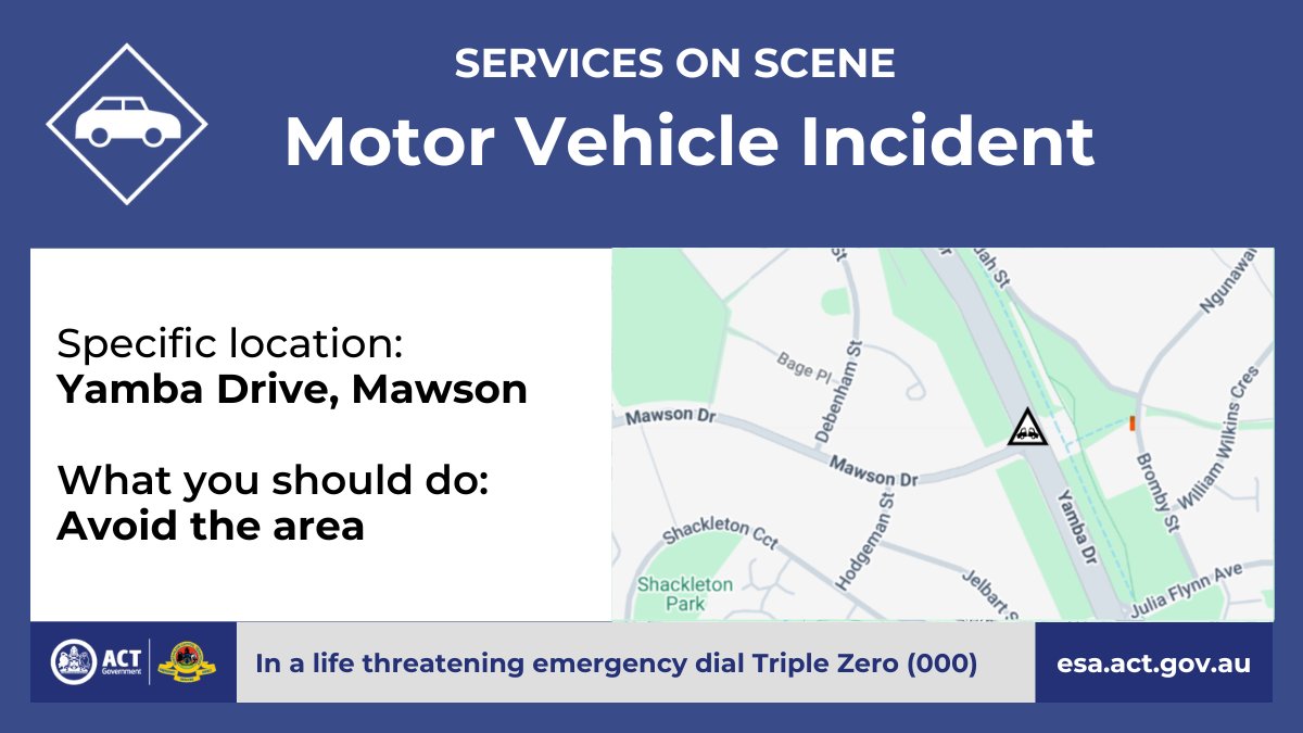 ACT_ESA's tweet photo. Motor Vehicle Incident - Mawson

There's been a motor vehicle incident on Yamba Drive, near the intersection with Mawson Drive, Mawson. All lanes northbound on Yamba Drive are currently closed.

https://t.co/hNB38z6iLG https://t.co/GYJ4mtoke3
