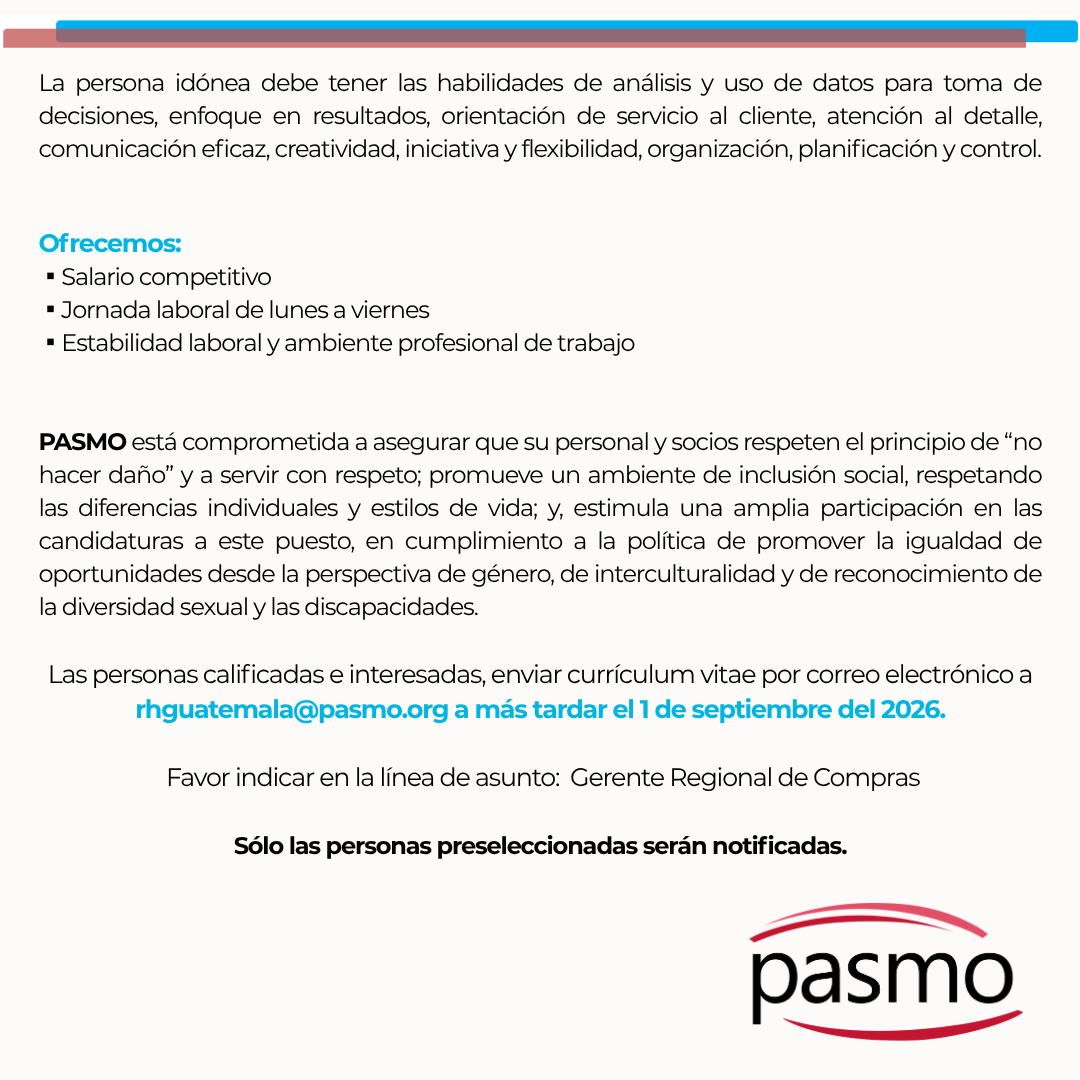 asociacionpasmo's tweet photo. ¡ATENCIÓN GUATEMALA!
Asociación PASMO abre convocatoria para Gerente Regional de Compras, Contratos, Adquisiciones y Logística. Consulta las bases ¡Y aplica! https://t.co/KiBxKTbrWl