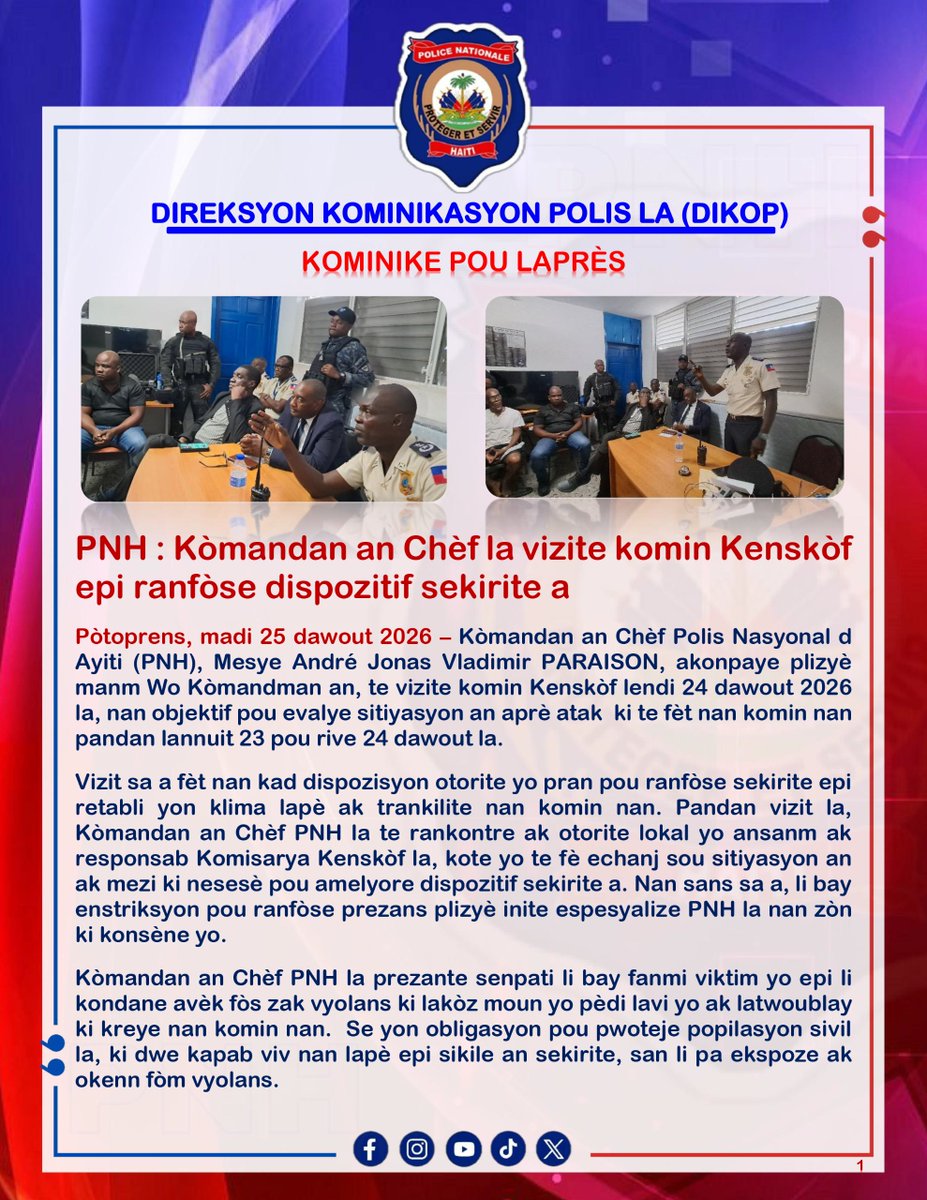 pnh_officiel's tweet photo. Direksyon Jeneral PNH la mande DCPJ pou ankete sou atak bandi yo fè nan Kenskòf
#PNH #P4000 #SEKIRITE #1anDGParaison #Promo95PNH 

PNH la pou ou !
PNH la pi prè ou ! https://t.co/X36bc1W0r0