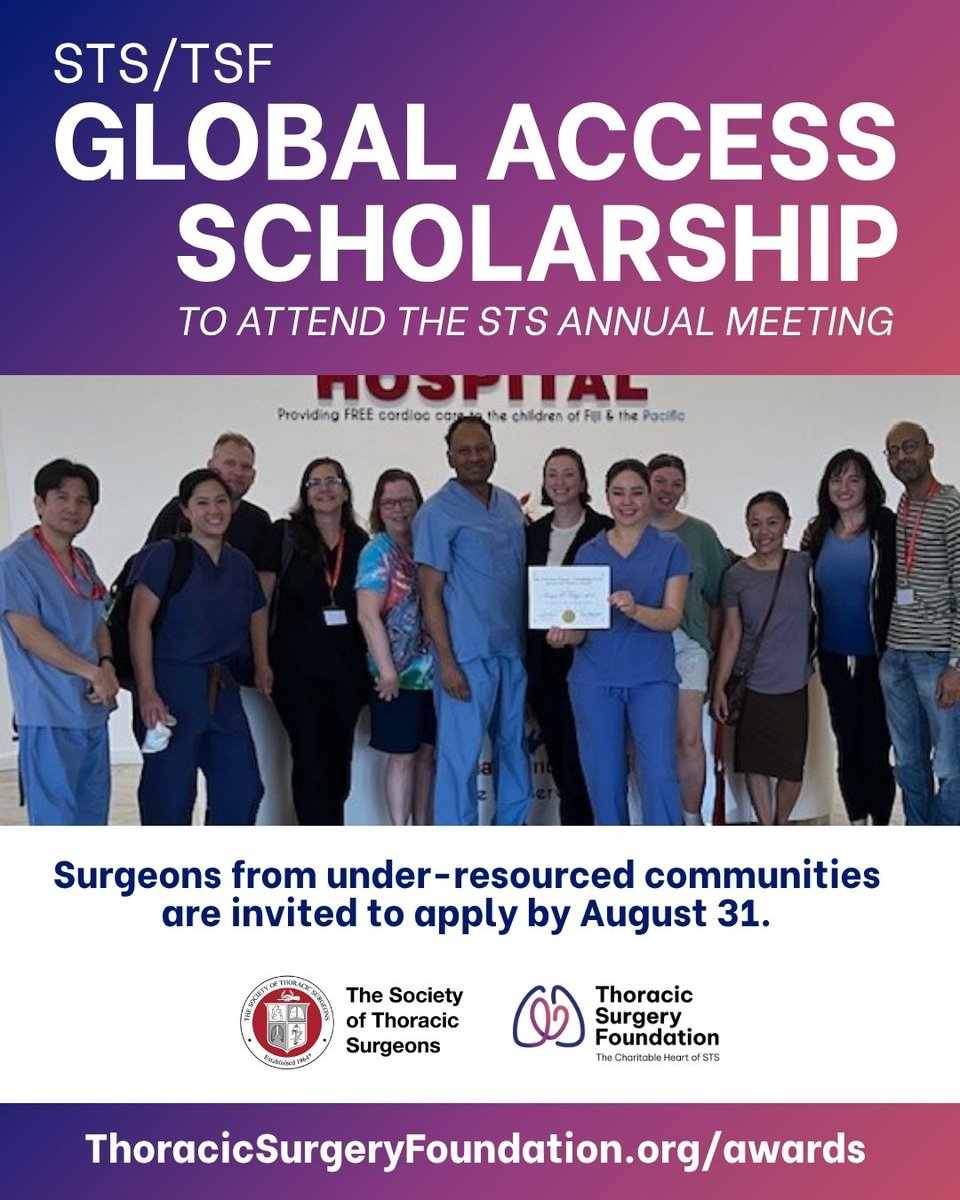ThoracicSurgFnd's tweet photo. The scholarship supports surgeons from under-resourced communities in attending the 2027 STS Annual Meeting and connecting with the global cardiothoracic surgery community.

📅 Applications close Aug. 31.

Apply today: https://t.co/aEzI0H71EV https://t.co/gNqU9Dz5ag