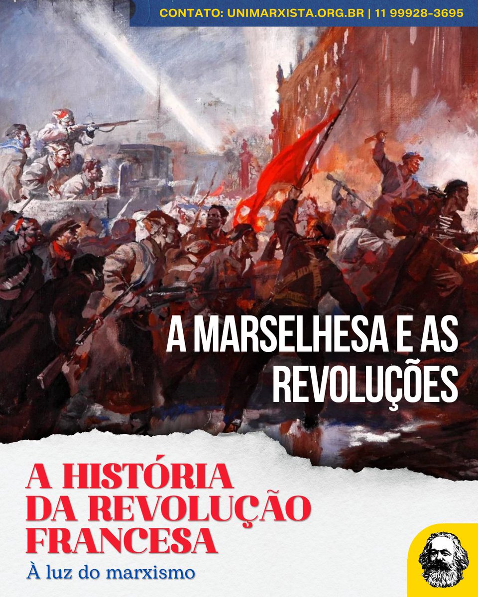 PCO29's tweet photo. 🚩📚 A Marselhesa e as revoluções

A Marselhesa foi composta por Claude Joseph Rouget em 1792, logo após a França declarar guerra à Áustria. A marcha militar ganhou seu nome famoso meses depois, quando soldados voluntários vindos de Marselha marcharam a cantando em Paris durante a tomada do Palácio das Tulherias. 

A canção se tornou hino universal das revoluções europeias. Ao longo do século XIX, movimentos liberais, republicanos e socialistas por todo o continente adotaram sua melodia e adaptaram suas letras para clamar pelo fim das monarquias absolutistas. Ela ressoou com vigor nas barricadas das Revoluções de 1848, inspirou manifestantes na Comuna de Paris em 1871 e serviu de base para a "Marselhesa dos Trabalhadores", entoada em russo por militantes que derrubaram o regime czarista durante a Revolução Russa de 1917.

Isso e muito mais você aprende com a Universidade Marxista, no curso "A História da Revolução Francesa".

Ficou interessado? Entre em contato pelo número (11) 99741-0436 ou acesse o site da universidade

Não perca!