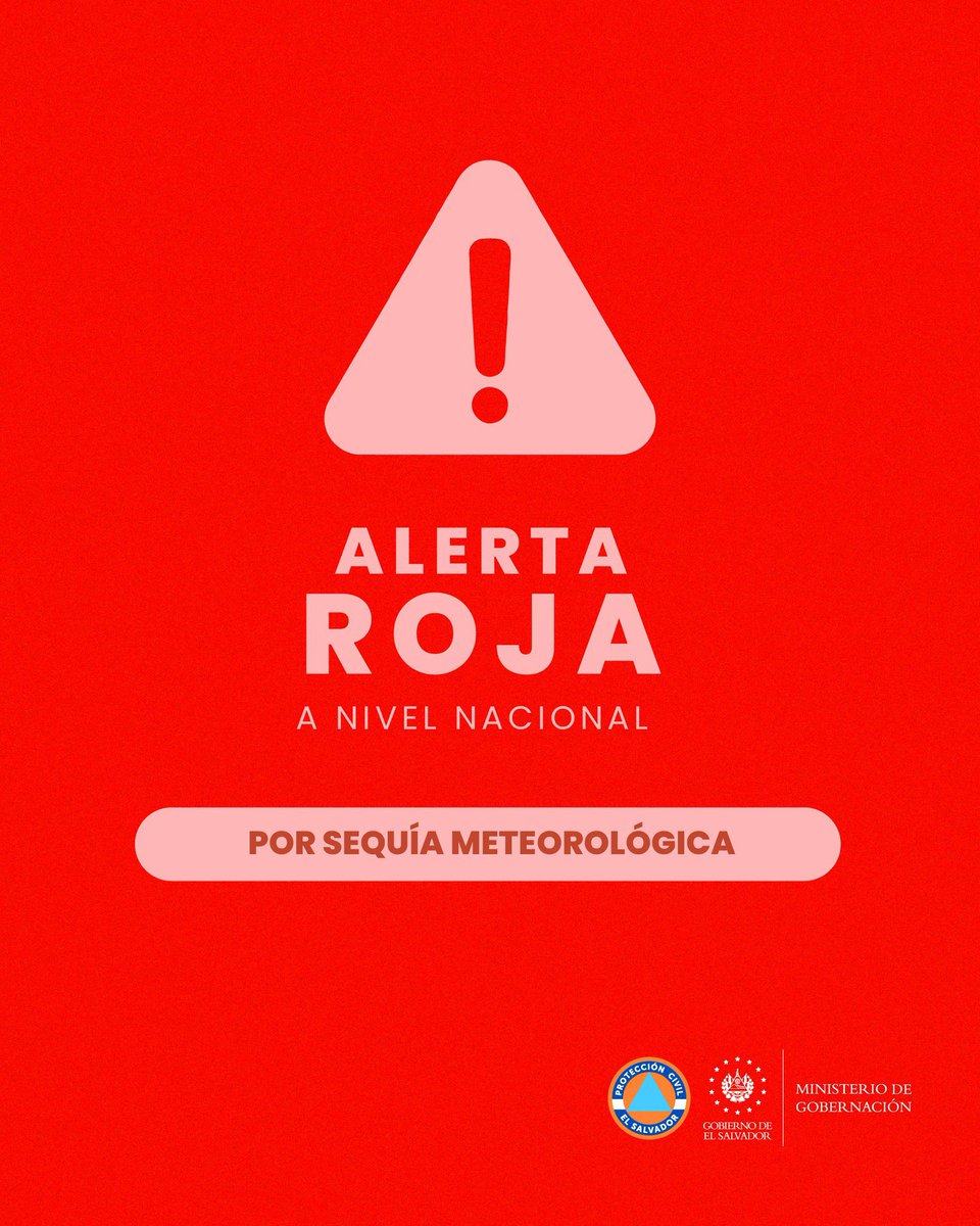 SivarNewsSV's tweet photo. 🔴 PROTECCIÓN CIVIL EMITE ALERTA ROJA A NIVEL NACIONAL POR DÉFICIT HÍDRICO Y ALTAS TEMPERATURAS

⚠️ Protección Civil emitió Alerta Roja para todo El Salvador debido a las condiciones climáticas que afectan actualmente al territorio nacional.

☀️ La medida responde al déficit hídrico, los períodos secos y las altas temperaturas registradas en el país.

📢 Las autoridades mantienen vigilancia sobre la evolución de estas condiciones y las posibles afectaciones que puedan generar.