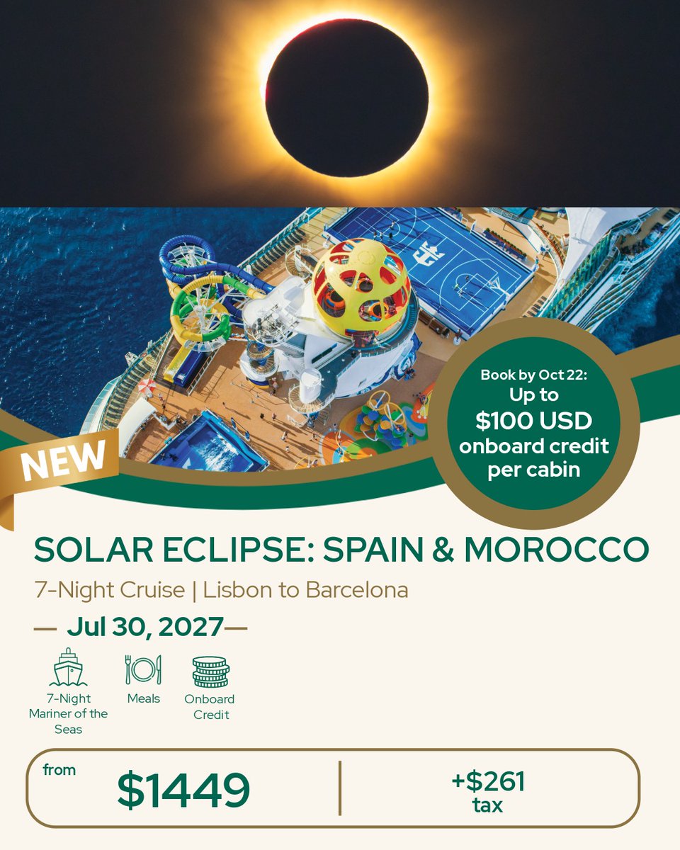 HobbitzTravel's tweet photo. Experience a #SolarEclipse from the open sea!🌑🌊 Enjoy unobstructed 360° views, clear skies &amp; no land-based light pollution. An unforgettable way to witness this incredible natural spectacle!🚢✨

#HobbitzTravel2026 #TravelBestBets2026 #PictureYourselfThere2026📸 #BookNow2026 https://t.co/7q2j2nHsSx