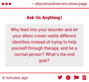_abyssmalbeings's tweet photo. I AM A FUCKING NORMAL PERSON, IM JUST STUCK SPLITTING SHITTY ALTERS BECAUSE SOMEONE WON'T GET OFF THEIR FAT ASS AND HELP ME https://t.co/ufRwlpuD0k