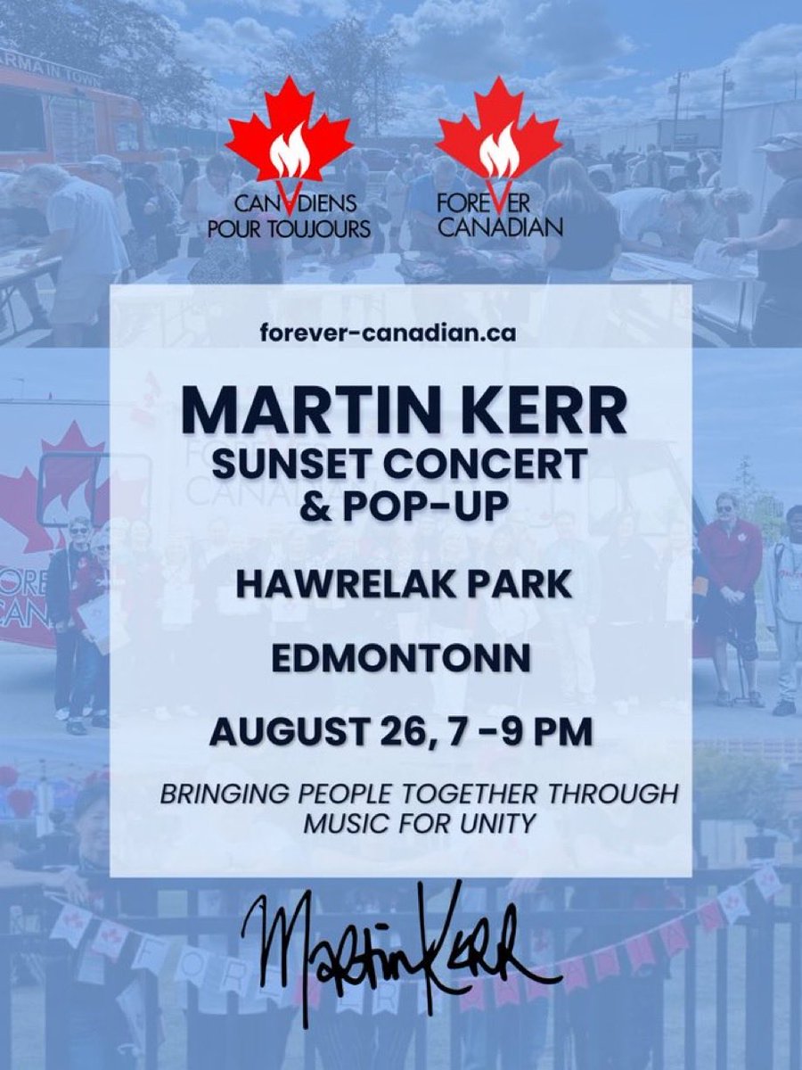 LukaszukAB's tweet photo. EDMONTON and area, see you tomorrow evening at the Hawerlak Park.

Feature stars: 

Martin Kerr and the Unity Bus.

Come to enjoy great music, unity and a free #ForeverCanadian lawn sign.

#ableg #Yeg https://t.co/TUNw2POJjS