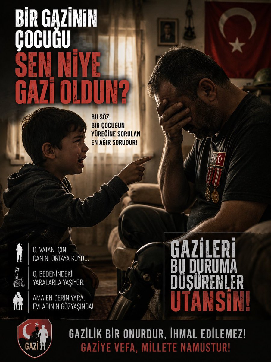 gazilerplatform's tweet photo. “Sen niye gazi oldun?” demek zorunda kalan bir gazi çocuğunun sözleri, hepimizin yüzleşmesi gereken acı bir tablodur.

Bir evlat, babasının vatan uğruna ödediği bedeli sorgulamak zorunda kalıyorsa, gaziyi bu noktaya getirenler utanmalıdır.

Gazilik bir yük değil, vatan için ödenmiş bedelin şerefidir.
Gazisini mahcup eden değil, baş tacı eden bir devlet istiyoruz. @hulusiakarmedya @tcailesosyal @celebimehmeta #GazileriminYanındayım #KurtuluşParkı #vatan #türkmilleti #devlet
