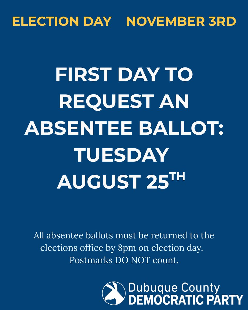 dbqdems's tweet photo. Thinking about voting absentee in the upcoming November 3rd election?

Tuesday, August 25th is the first day that Iowa voters can submit an Absentee Ballot Request form!
For more information: https://t.co/NTcZyoyfUw https://t.co/Z9qHYAirN9