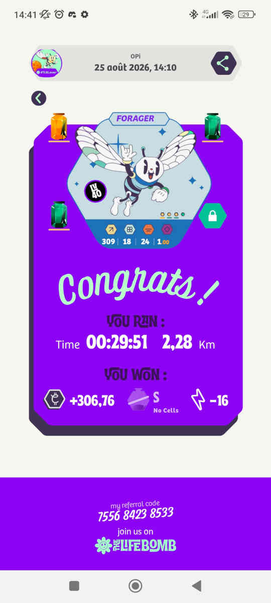 neocyclopi's tweet photo. First @The_Life_Bomb🌱 #Walk 🚶
With My New Cleaner Endemic
⚡️47 + 15.66 Energies #M2E🏃
🪙 Daily Earnings: 196.85 + 306.76 $CATKN 🐝
✅ Guardian Bonus Enabled
🍯 Nectar Reward: Volume XL in the 4th Honeycomb
🚶 Weekly Challenges: Road to 250km
✏️ Daily Architect Mission: Done https://t.co/4kwfE24SJU