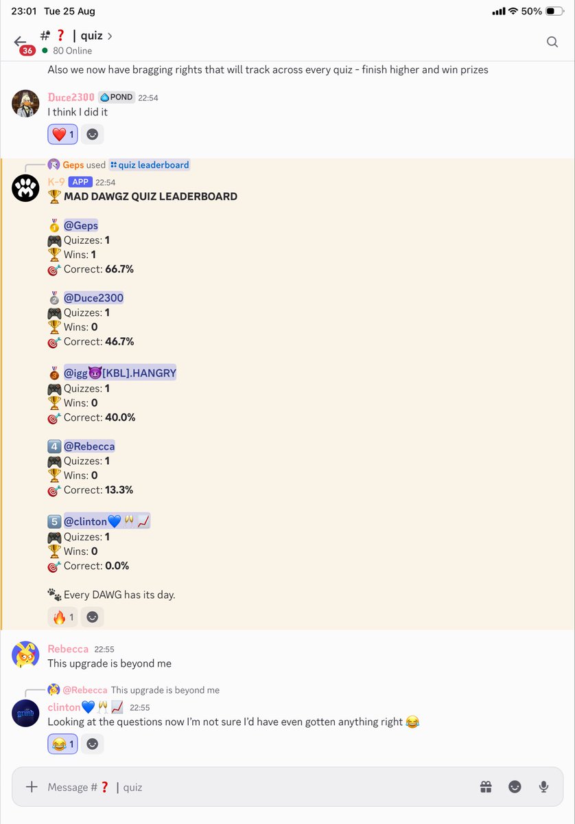 GepsOnChain's tweet photo. After our nightly Rumble ⚔️ we decided to have an impromptu quiz to test the updates.

Some had connection issues, some were frazzled, some won OGs and some became @Mad_DawgzNFT quiz night champion 🤣 …. until Monday

Jump in the kennel and take part in our games each night … you might even have fun 

#StayMad #Hedera $HBAR