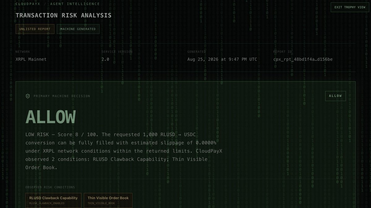 CloudpayX_'s tweet photo. New in cloudpayX Agent Intelligence:

Paid machine-to-machine requests can now produce shareable human-readable intelligence reports.

This one came from a live x402-paid Risk Check on XRPL main net — not demo data.

Agent pays → CloudPayX analyzes
#XRPL #XRP #X402 https://t.co/Ru4RVlxCkn