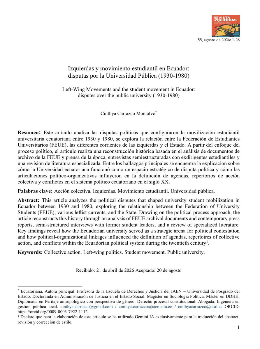 CinthyaCarrazco's tweet photo. Amig@s y colegas, les anuncio con mucha emoción que mi articulo académico sobre Izquierdas y movimiento estudiantil, ha sido publicado en la revista académica “Izquierdas” de Chile, indexada en Scielo y Scopus Q2

Les comparto el link e invito a su lectura crítica, está en acceso abierto: https://t.co/CuQABfowi8

En el trabajo reconstruyo las principales conflictividades políticas del movimiento estudiantil en su historia, en relación con el estado y el sistema político, resaltando su decisoria relación con las izquierdas ecuatorianas en sus diversas vertientes. 

Es relevante para la lectura actual de la realidad, el hallazgo sobre cómo se encuentran en permanente disputa visiones y sentidos de la Universidad pública: una funcionalista como espacio de formación profesional despolitizado y subordinado al orden estatal; y, otra como ámbito de producción de pensamiento crítico y acción política, vinculada a proyectos de transformación social. 

#Política #MovimientosSociales #Conflictividades