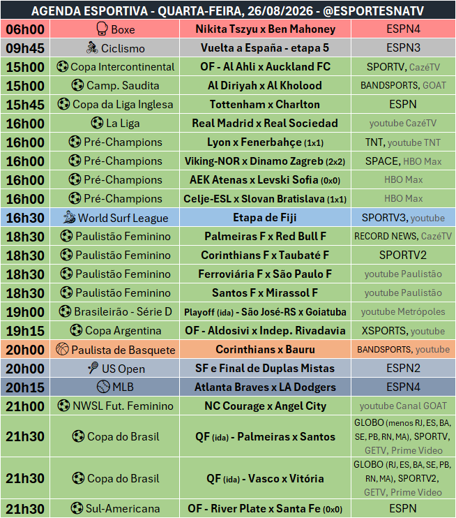 EsportesNaTV's tweet photo. A agenda esportiva desta QUARTA-FEIRA (26/08/2026) https://t.co/NeUgyXlTCd