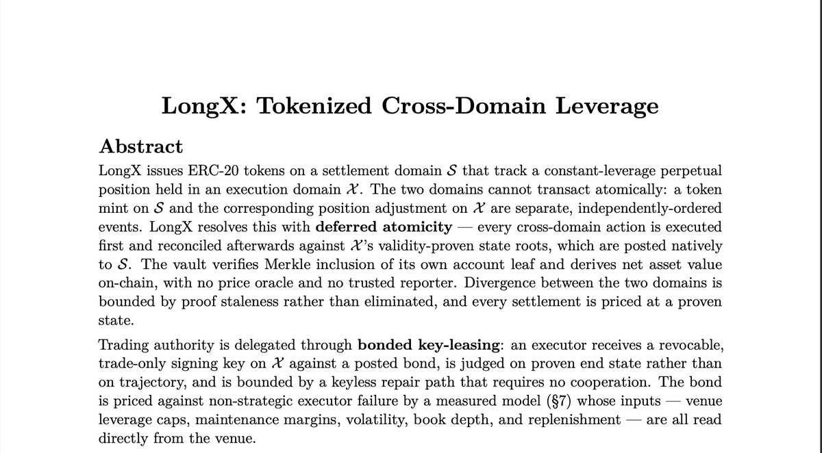 longdotxyz's tweet photo. Last week we piloted an early alpha of LongX, a new protocol that enables seamless integration with @Lighter_xyz  to turn perp exposure into a composable leveraged spot asset you can hold as an ERC20.

This week we plan to expand support for NVDA related leveraged assets while accruing value back to $AI.

Deep dive into our litepaper below ↓↓↓

The system runs on four major components:

1. A contract on Robinhood Chain where users can mint and redeem leveraged spot assets

2. A Lighter account that submits orders to increase, decrease, and rebalance the underlying leveraged position

3. A ZK verification system that makes the resulting position state independently verifiable. Instead of relying on an external price oracle or a trusted operator to report account state, minting and redemption can settle against cryptographically verified Lighter state

4. DEX liquidity that creates an instant secondary market around the issued asset while remaining in sync with the underlying mint and redeem value

Why Lighter? 

The key unlock is @Lighter_xyz  itself.
Lighter’s Robinhood deployment is an application specific ZK rollup settled directly on Robinhood Chain. Its architecture combines low latency execution with cryptographically verifiable state transitions, giving LONG access to a purpose built derivatives engine without having to recreate an entire perp exchange from scratch.

LONG can use Lighter as the underlying execution and liquidity layer, while LongX transforms those positions into portable ERC20 assets that can move across the rest of the chain.

Lighter also brings an existing network of liquidity providers and a highly optimized matching engine that can scale alongside LONG activity, rather than requiring us to fragment liquidity across an in house perp venue.

How the rebalancing works?

Every LongX asset has a predefined underlying asset and leverage target.

When users deposit USDG into the system, the protocol increases the underlying position while its rebalancing mechanism maintains the target leverage.

For example, depositing 100 USDG into an NVDA 3x asset increases the corresponding NVDA perp exposure while maintaining approximately 3x leverage.

The benefits for users:
1. Users get leveraged exposure to the underlying asset through a transferable ERC20 rather than having to actively manage a perp position

2. That position becomes composable. Users can LP it on DEXs, trade it across LONG markets, integrate it into other protocols, and eventually use it as a building block for entirely new markets

3. DEX liquidity is not the only exit. Users can mint and redeem directly against their pro rata share of the underlying position value through the issuing contract

4. To make the system fully composable with the markets LONG is building, we have also designed a pool flow that enables real time secondary trading without waiting for bridge settlement on every trade.

This is where LongX starts becoming much more than a leveraged token. It turns Lighter positions into programmable spot primitives.

We are excited to fully leverage the Lighter architecture and push custom markets forward.

LONG.