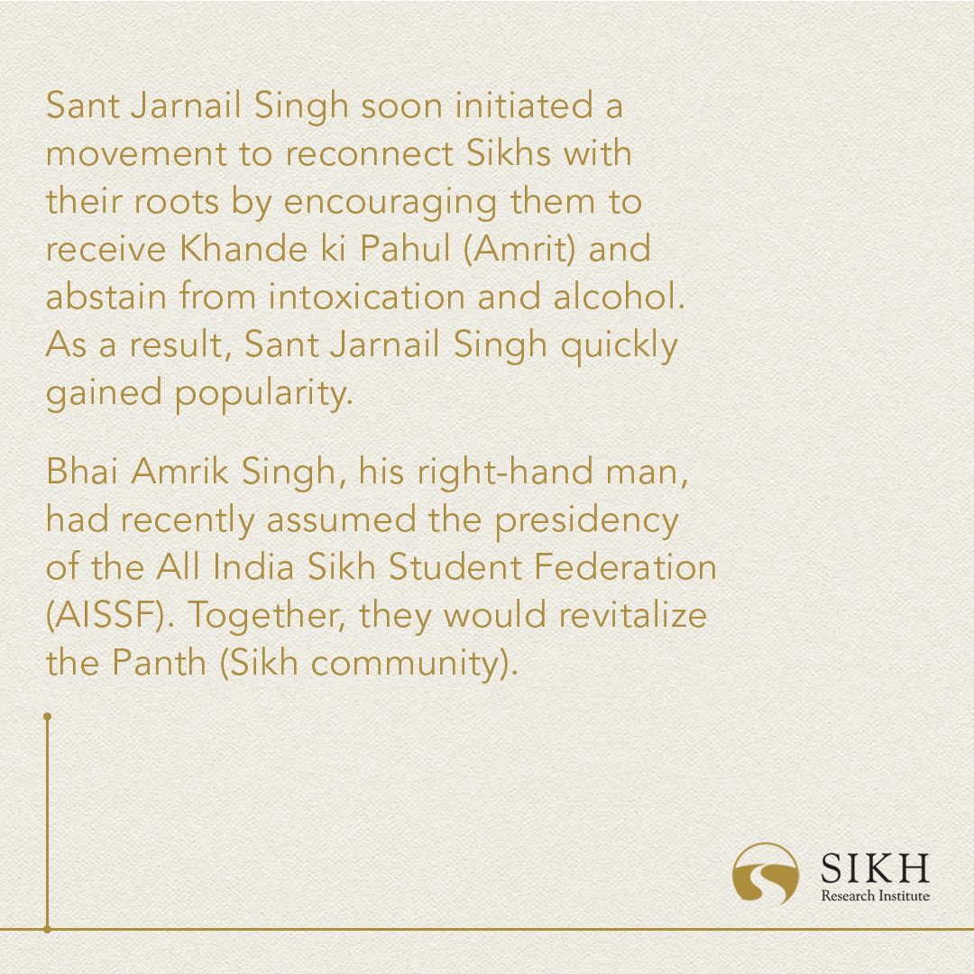 SikhRI's tweet photo. Today in #Sikh History:
On this day in 1977, Sant Jarnail Singh Khalsa became the Jathedar of the Mehta Chowk branch of the Bhindranwale Taksal, also known as the Damdami Taksal. At only 30 years of age, this young leader took over from Sant Kartar Singh, who had recently died in a car accident. 

Sant Jarnail Singh soon initiated a movement to reconnect Sikhs with their roots by encouraging them to receive Khande ki Pahul (Amrit) and abstain from intoxication and alcohol. As a result, Sant Jarnail Singh quickly gained popularity. Bhai Amrik Singh, his right-hand man, had recently assumed the presidency of the All India Sikh Student Federation (AISSF). Together, they would revitalize the Panth (Sikh community). 

Eventually, Sant Jarnail Singh joined forces with the Shiromani Akali Dal to launch the Dharam Yudh Morcha, a movement advocating for the Anandpur Sahib Resolution. Due to increasing brutality and human rights abuses by the government, the Indian government eventually attacked the Sri Harimandar Sahib Complex. In the Battle of Amritsar, Sant Jarnail Singh led the defenders and successfully repelled the attack. He became a Shahid (martyr) in the battle.

#TodayInHistory #India #Punjab #Panjab #SikhHistory