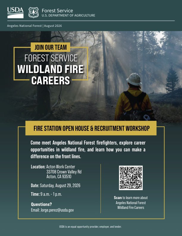 Angeles_NF's tweet photo. Interested in a wildland firefighting career? 

Come join us in Acton on Saturday August 29, 9am-1pm

Acton Work Center 33708 Crown Valley Road

More information on our current wildland firefighter hiring: https://t.co/YPgPj7o6yt https://t.co/r4eVOcUaRB