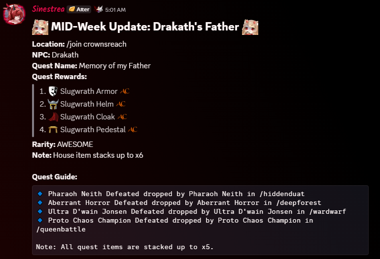 Datenshi6699's tweet photo. 🔥MID-Week Update: Drakath's Father🔥

Have you ever dreamed of becoming Drakath’s father?👀
Well, good news… your dream is finally coming true!😂
You can now cosplay as King Slugwrath and live your best tyrant dad fantasy👑
Just one tiny reminder: Don't wear these when you walk into Swordhaven 😫

Anyway talk to Drakath in /join crownsreach.
Do the quest and get Slugwrath Set along with his statue.

📖Lore:
Slugwrath was the brutal ruler of Dreadhaven and the father of Drakath. He was eventually overthrown by Alteon, who would later become King Alteon.
His downfall played a major role in shaping Drakath’s backstory and his path toward becoming the Champion of Chaos.