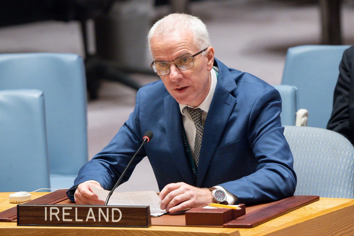 IrishMissionUN's tweet photo. At today’s #UNSC Debate on Food Under Fire, we highlighted how 🇮🇪 is combatting conflict-induced food insecurity through: 

🔸our bilateral aid and diplomatic action

🔸our EU Presidency Programme

🔸the Group of Friends of Action on Conflict &amp; Hunger https://t.co/Gy3wx3eyJA