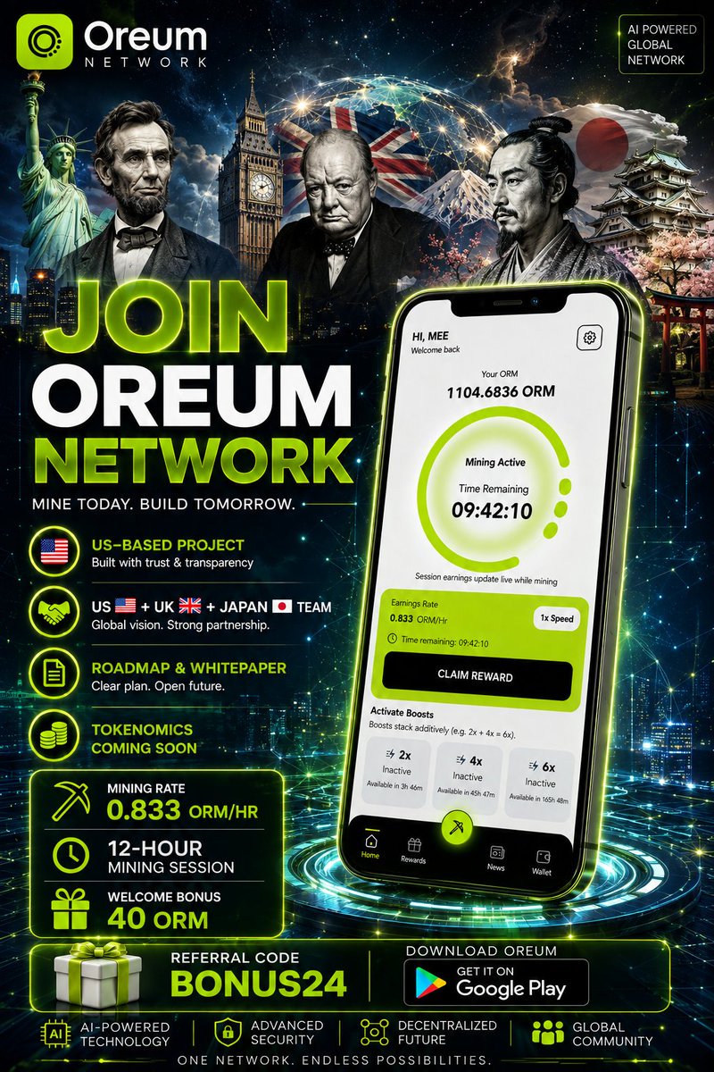 Earl011289's tweet photo. 🚀 JOIN OREUM NETWORK 🌐

🇺🇸 US-Based Project ✅

US 🇺🇸 + UK 🇬🇧 Team✅

Roadmap &amp; Whitepaper✅

Tokenomics — Coming Soon

 Mining Rate: 0.833 ORM/HR✅

 12-Hour⏱️

 Welcome Bonus 40 ORM🎁

🔑 Referral Code: BONUS24

📲 Download
https://t.co/gJOqK4wCq2

⚡⚡⚡ https://t.co/W0c4eFhdYN