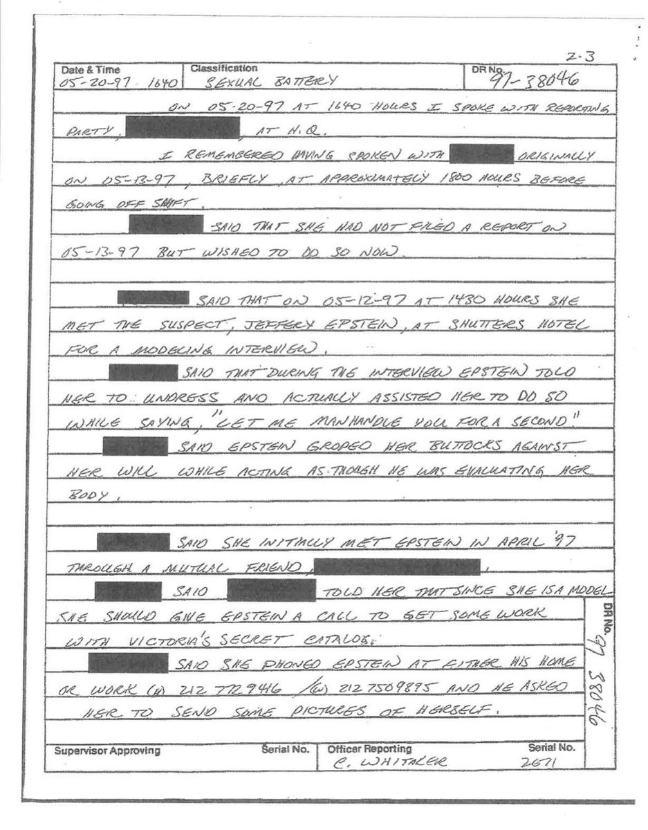 FonsFlacko's tweet photo. 🚨Jeffrey Epstein was reported to the Santa Monica Police Department for sexual battery in 1997. 

“In May 1997, Alicia Arden, a model in California, was introduced to a man who identified himself as a talent scout for Victoria’s Secret.

Less than a year after the alleged assault of Ms. Farmer, Ms. Arden visited Mr. Epstein in his Santa Monica hotel room, expecting to discuss appearing in the Victoria’s Secret catalog.

He invited her to his Santa Monica hotel room to audition for the brand’s catalog. When she arrived, Ms. Arden said, the man grabbed her, tried to undress her and said he wanted to “manhandle” her. Ms. Arden, then 27, fled in tears.

“His weapons were his hands,” Ms. Arden said.

She said she went to the police the day after Mr. Epstein attacked her, worried that he could be using his connection to Victoria’s Secret to hurt other women.

A week later, when she could not stop thinking about what had happened, she returned to the police station to put her report on the record.

That police report, reviewed by The Times, is one of the earliest known police records of an allegation of sexual misconduct against Mr. Epstein.”

Transcript of the police report in the post below👇 

#EpsteinFiles