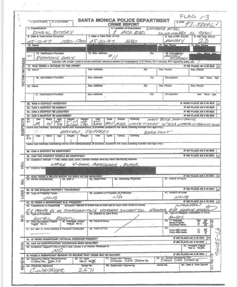 FonsFlacko's tweet photo. 🚨Jeffrey Epstein was reported to the Santa Monica Police Department for sexual battery in 1997. 

“In May 1997, Alicia Arden, a model in California, was introduced to a man who identified himself as a talent scout for Victoria’s Secret.

Less than a year after the alleged assault of Ms. Farmer, Ms. Arden visited Mr. Epstein in his Santa Monica hotel room, expecting to discuss appearing in the Victoria’s Secret catalog.

He invited her to his Santa Monica hotel room to audition for the brand’s catalog. When she arrived, Ms. Arden said, the man grabbed her, tried to undress her and said he wanted to “manhandle” her. Ms. Arden, then 27, fled in tears.

“His weapons were his hands,” Ms. Arden said.

She said she went to the police the day after Mr. Epstein attacked her, worried that he could be using his connection to Victoria’s Secret to hurt other women.

A week later, when she could not stop thinking about what had happened, she returned to the police station to put her report on the record.

That police report, reviewed by The Times, is one of the earliest known police records of an allegation of sexual misconduct against Mr. Epstein.”

Transcript of the police report in the post below👇 

#EpsteinFiles