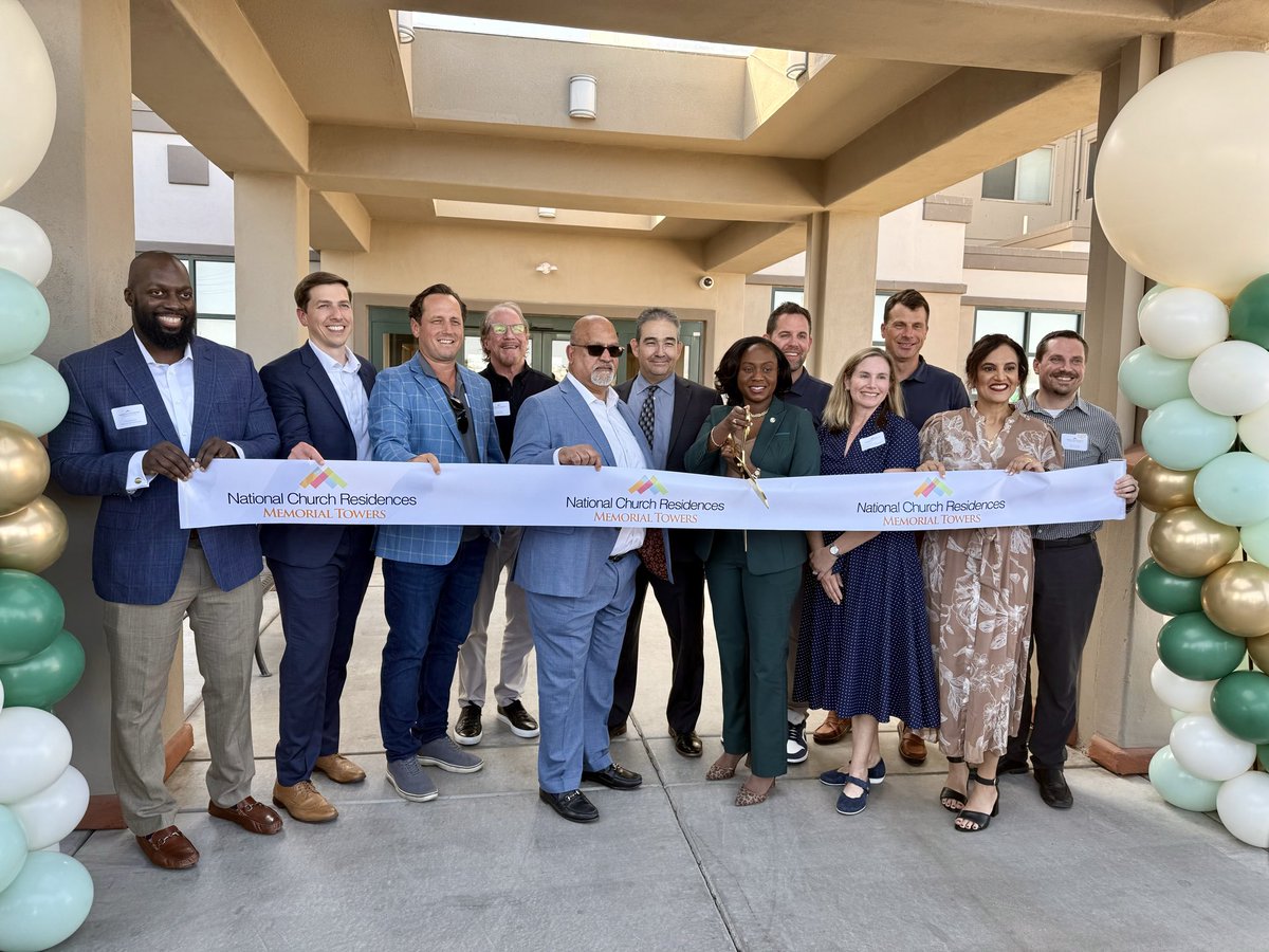 PHXHousing's tweet photo. Celebrating the grand opening of Memorial Towers! We’re proud to partner with National Church Residences to expand quality, affordable housing for Phoenix seniors. The City contributed $1 million in federal HOME funds to rehabilitate the 153-unit complex for residents. https://t.co/lnO1iI0uFV