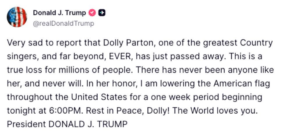 ChrisMartzWX's tweet photo. He didn’t.

He actually posted a nice tribute to her and asked for American flag to be lowered to half staff.

Your TDS is showing, Dick. https://t.co/C2gKvhdk6K
