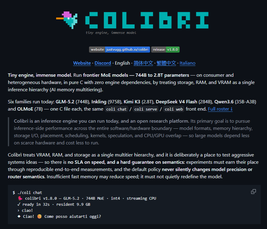 TeksEdge's tweet photo. 🔝 New and ⬆️ improved Colibrì 👉 just run the model - don’t worry about the memory. 

👀 Runs Qwen3.6, DeepSeek V4 Flash, GLM-5.2 and Kimi K3!

Real LLM Virtual memory!

Back in July, Colibrì was the crazy pure-C engine that could run GLM-5.2 744B by streaming MoE experts from SSD.

👾 Now it has evolved into something much more interesting.

🎯 Colibrì treats your whole machine like one giant AI memory hierarchy...
🎮 VRAM → hottest experts
🧠 System RAM → warm experts
💾 NVMe SSD → everything else

And now it supports models from ...
🔥 Qwen3.6-35B-A3B
🔥 DeepSeek V4 Flash 284B
🔥 GLM-5.2 744B
🔥 Inkling 975B
🔥 Kimi K3 2.8 TRILLION parameters

Plus:
⚡ GPU expert caching
🔮 expert prefetching
💽 dual-NVMe striping
🟢 CUDA
🔴 ROCm
🍎 Metal
🟣 Vulkan
🌐 distributed expert workers

One benchmark showed expert caching taking Qwen3.6-35B-A3B from 1.44 → 10.05 tok/s on two 8GB GPUs.

And the documented RAM floor for GLM-5.2 is now just 16GB.

This feels less like model offloading now and more like a virtual-memory system for gigantic Local AI models. 🔥

🔗 GitHub /JustVugg/colibri