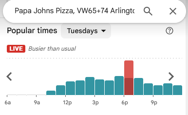 PenPizzaReport's tweet photo. The closest Dominos and Papa Johns to the Pentagon are reporting high traffic. 

The 2nd closest Dominos is also reporting high traffic.

Freddies Beach Bar is reporting slightly below average traffic.

As of 6:38pm ET