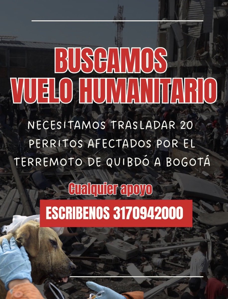 __Nia1913's tweet photo. AYÚDENME A COMPARTIR ‼️
La fundación Animalibre busca vuelo humanitario para ayudar a trasladar 20 animalitos afectados por el terremoto desde Quibdó a Bogotá.
@JavierDlacuadra ¡una manito aquí porfa! https://t.co/eTUgMlvVPB
