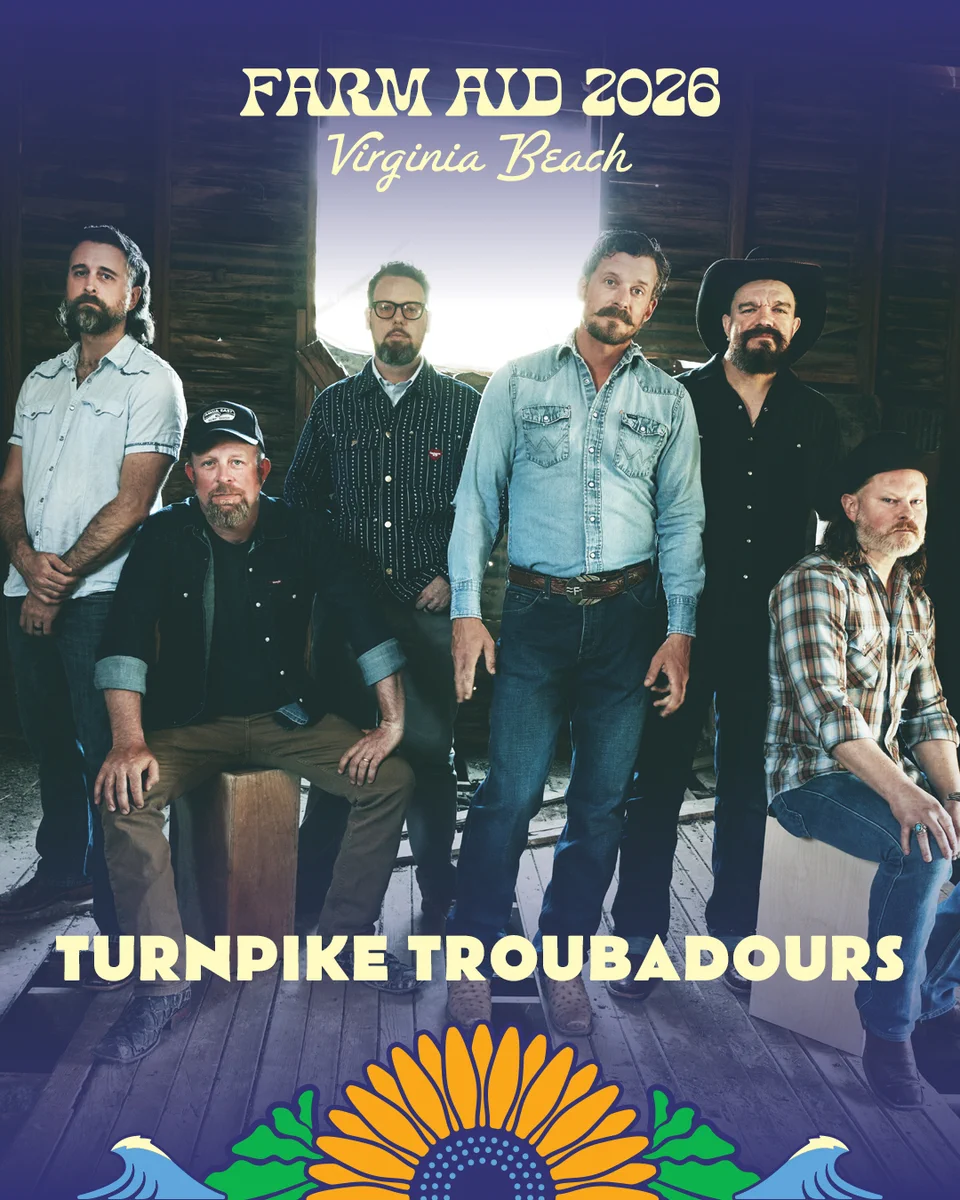 Turnpike Troubadours group photo with a digital frame "Farm Aid 2026, Virginia Beach, Turnpike Troubadours" 
