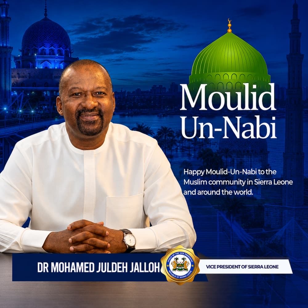 VP_Jalloh's tweet photo. As we commemorate Moulid Un-Nabi, I extend warm wishes to Muslims across Sierra Leone and around the world. 
May the life and teachings of the Holy Prophet Muhammad (PBUH) continue to inspire us to uphold the values of compassion, peace, unity and service to others. Moulid Un-Nabi