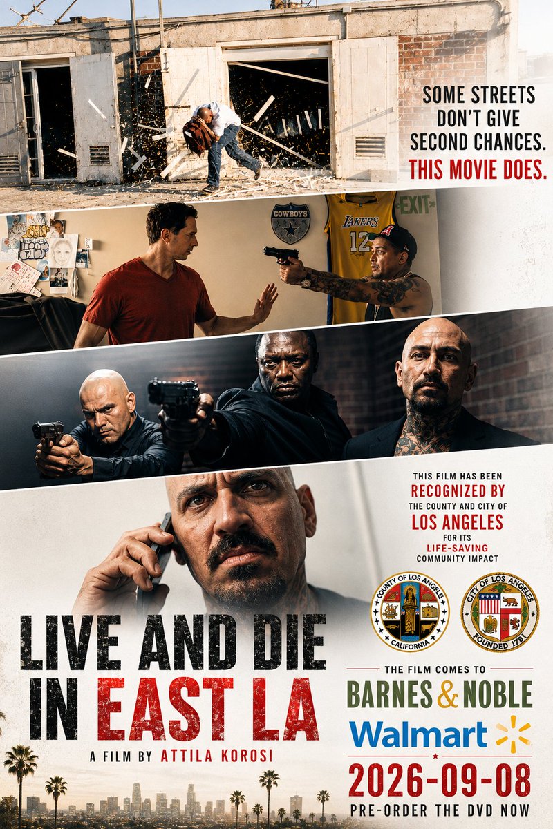 attila_korosi's tweet photo. LIVE AND DIE IN EAST LA IS COMING HOME!
Some streets don’t give second chances.
This movie does.

DVD — SEPTEMBER 8, 2026
Barnes &amp; Noble + Walmart
PRE-ORDER NOW!

#liveanddieineastla #liveanddieineastlamovie #barnesandnoble #dvd #moviestowatch https://t.co/BTDvJQdw2P