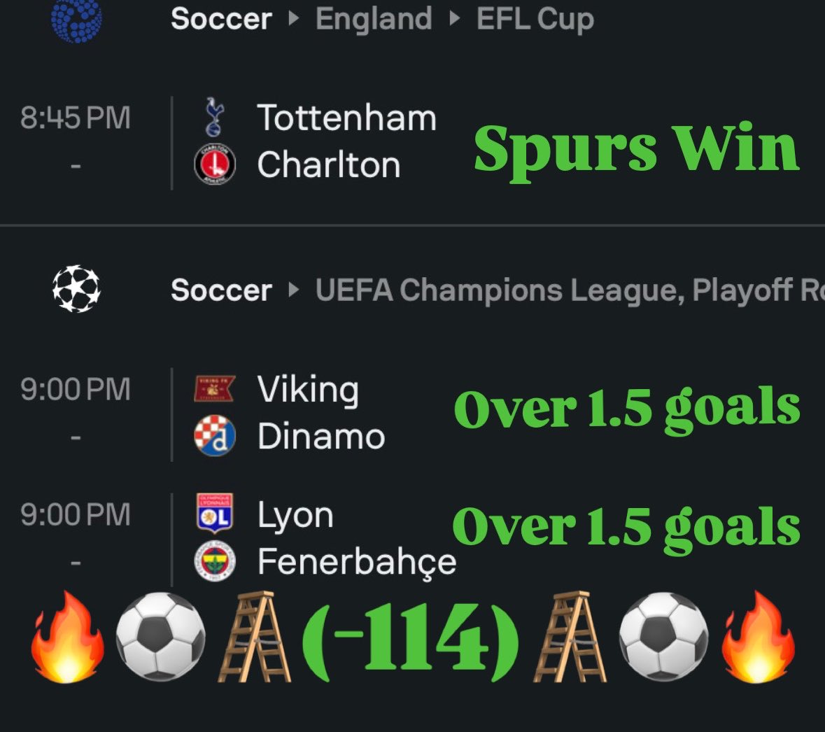 FuckParlays's tweet photo. 🔥⚽️🪜FP’s $100 > $3k LADDER🪜⚽️🔥

Day 1:
🏴󠁧󠁢󠁥󠁮󠁧󠁿Spurs ml
🇪🇺Viking o1.5
🇪🇺Lyon o1.5
(-114)

$100 > $188

Good luck to everyone thats tailing!🍀👍 https://t.co/mMGO332V7v