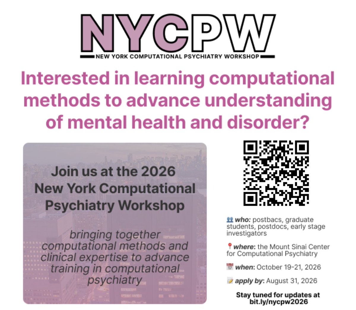 SinaiBrain's tweet photo. MARK YOUR CALENDARS 📆 The New York Computational Psychiatry Workshop, an immersive, hands-on three-day workshop designed to provide trainees w/ the latest tools &amp; knowledge in computational psychiatry is coming, October 19-21! #nycpw2026 Register Now 👉 https://t.co/UA5ywAc1eZ https://t.co/Sny0RTfh2k