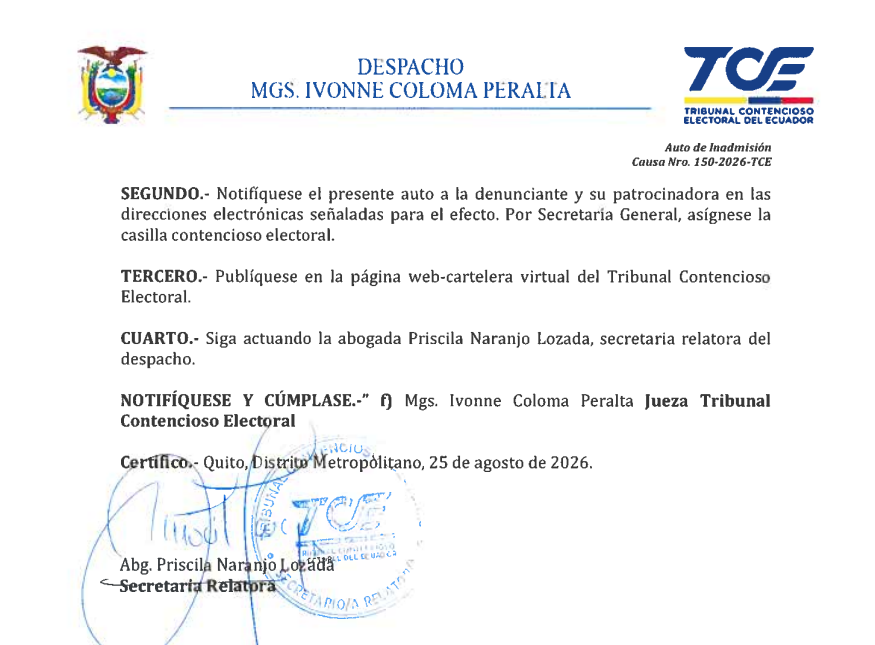 EmilioJDom's tweet photo. LO ÚLTIMO: jueza del TCE, Ivonne Coloma, inadmite la denuncia presentada por Jennifer Celorio contra el alcalde de #Quito, @pabelml, por supuesta infracción electoral. https://t.co/cwcVmODbcG