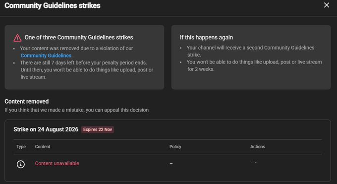 rinn3488's tweet photo. @TeamYouTube Your system is auto-striking me for something that I uploaded and appealed a month ago and doesn't exist any more. I got a strike with no video or appeal section. Can you all try and fix the system and remove the strike? I did nothing wrong. https://t.co/4ZLpydYxUd