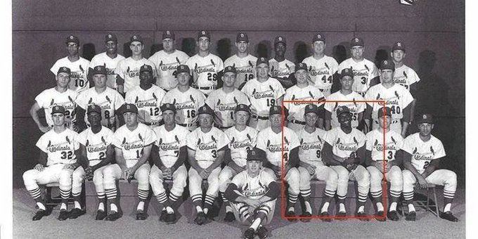Jimfrombaseball's tweet photo. Bob Uecker once went to the mound to talk to Bob Gibson, and Gibson barked:
"What are you doing out here?"
Bob Uecker replied:
"Oh, nothing.
Just going  out to talk to Curt Flood in center.:
The 1964 Champion St. Louis Cardinals team photo had to be retaken because in the first attempt, one black player, Gibson and one white player, Uecker held hands with big  goofy smiles.
Both players were fined by the Cardinals.