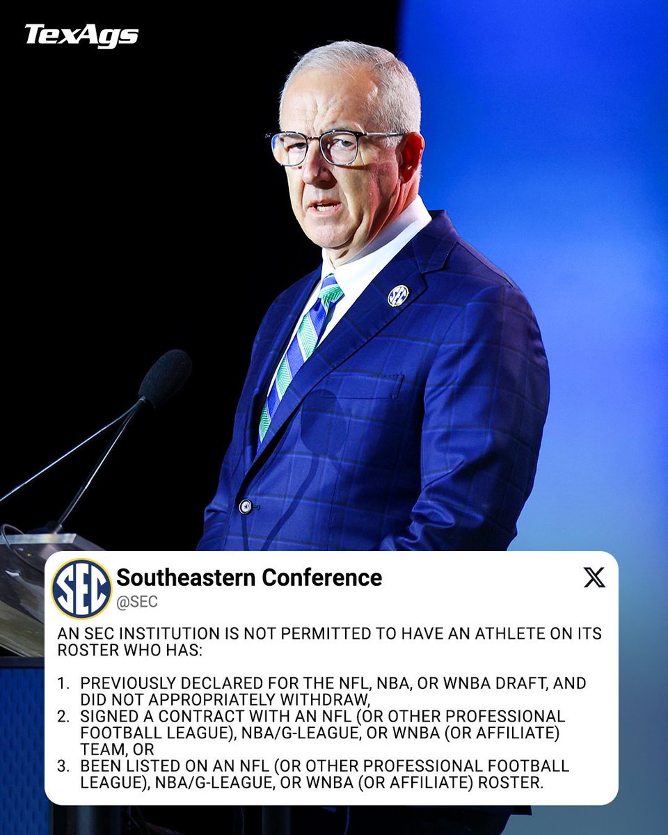 TexAgs's tweet photo. Athletes who have signed with or appeared on a professional roster will not be eligible to compete at an @SEC institution: https://t.co/n7ALaVj4nM