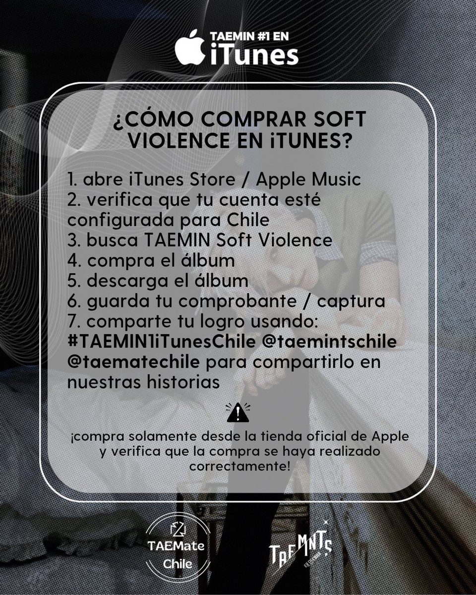 TAEMateChile's tweet photo. TAEMIN #1 EN iTUNES CHILE 🎵 

Con motivo del lanzamiento de TAEMIN 〈PHASE I : SOFT VIOLENCE〉, como fanbases chilenas nos sumamos a la campaña para comprar el álbum en iTunes Chile y conseguir el #1 para Taemin.

#Taemin #SoftViolence #PHASE1_SoftViolence #TAEMIN1iTunesChile https://t.co/UiyXrwGnoR