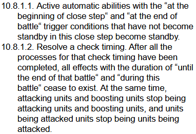 KathyTsukimei's tweet photo. Let me explain why "drive+1 expiring" and "end of battle restand" don't happen at the same time

"At end of battle" abilities activate in 10.8.1.1 and resolve in the check timing at 10.8.1.2. As written in 10.8.1.2, only AFTER all processes for that check timing are completed do effects with "until end of battle" expire. Which means "drive+1 until end of battle" expires after the restand effect which comes with a "drive becomes 1 until end of turn"

"Drive becomes 1" is another point that I've at length already spoken about. The actual modifier is variable based on the current drive at that time
Omina has 1 drive from all prior effects (Twin Drive - 2 + 1). The effect sees that its drive is already 1 and applies a ±0 drive effect. So during the 10.8.1.2 check timing, it's sitting at 1 drive (Twin Drive - 2 + 1 ± 0)
After the check timing, the "drive+1 until end of battle" effect expires, so Omina drops to 0 drive on the second attack (Twin Drive - 2 ± 0)