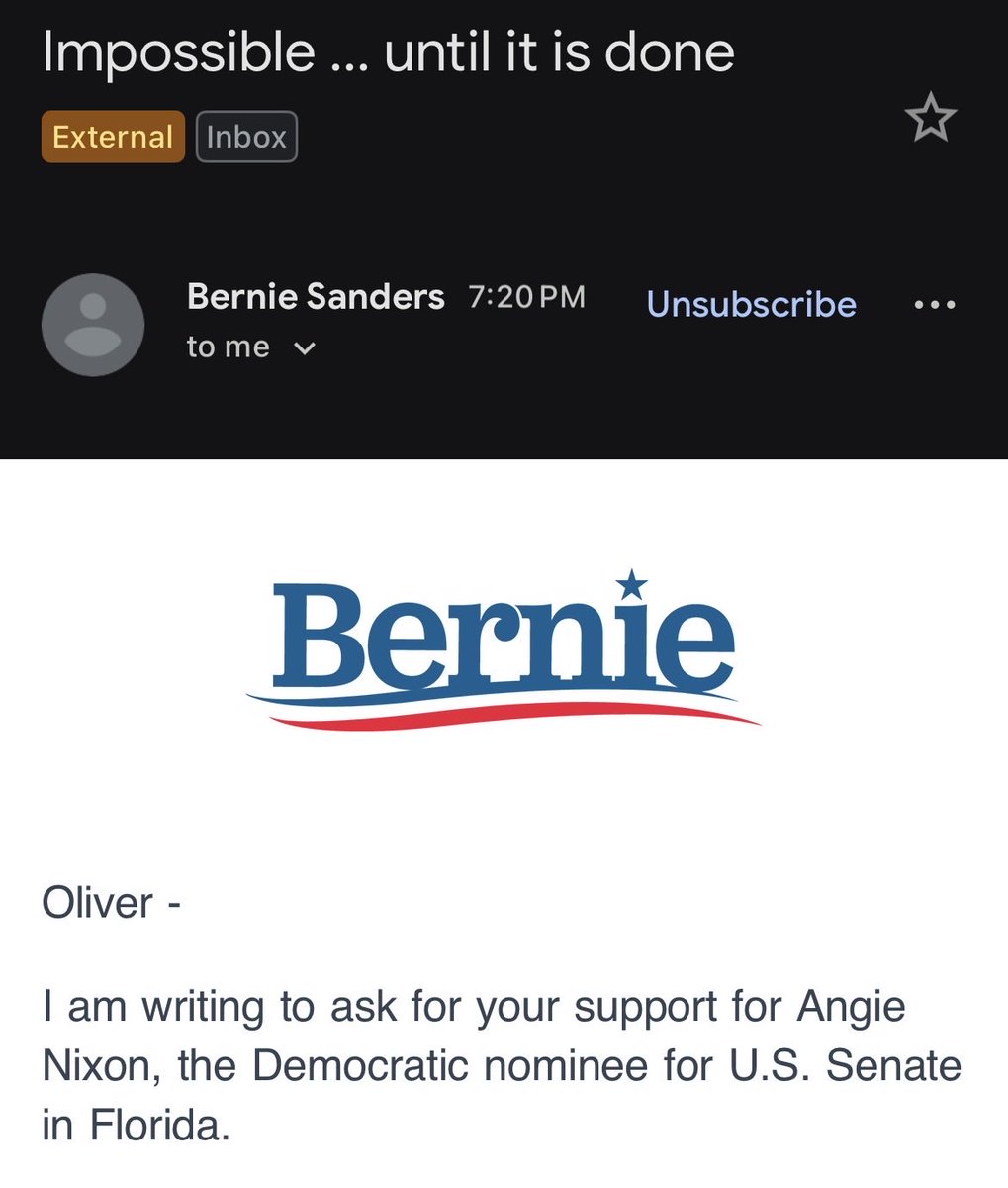 OliverALarkin's tweet photo. Go find this @BernieSanders email in your inbox, open it, click on the link, and donate your money to @AngieNixon. Thanks! -a Floridian https://t.co/Vv1mSji0Po
