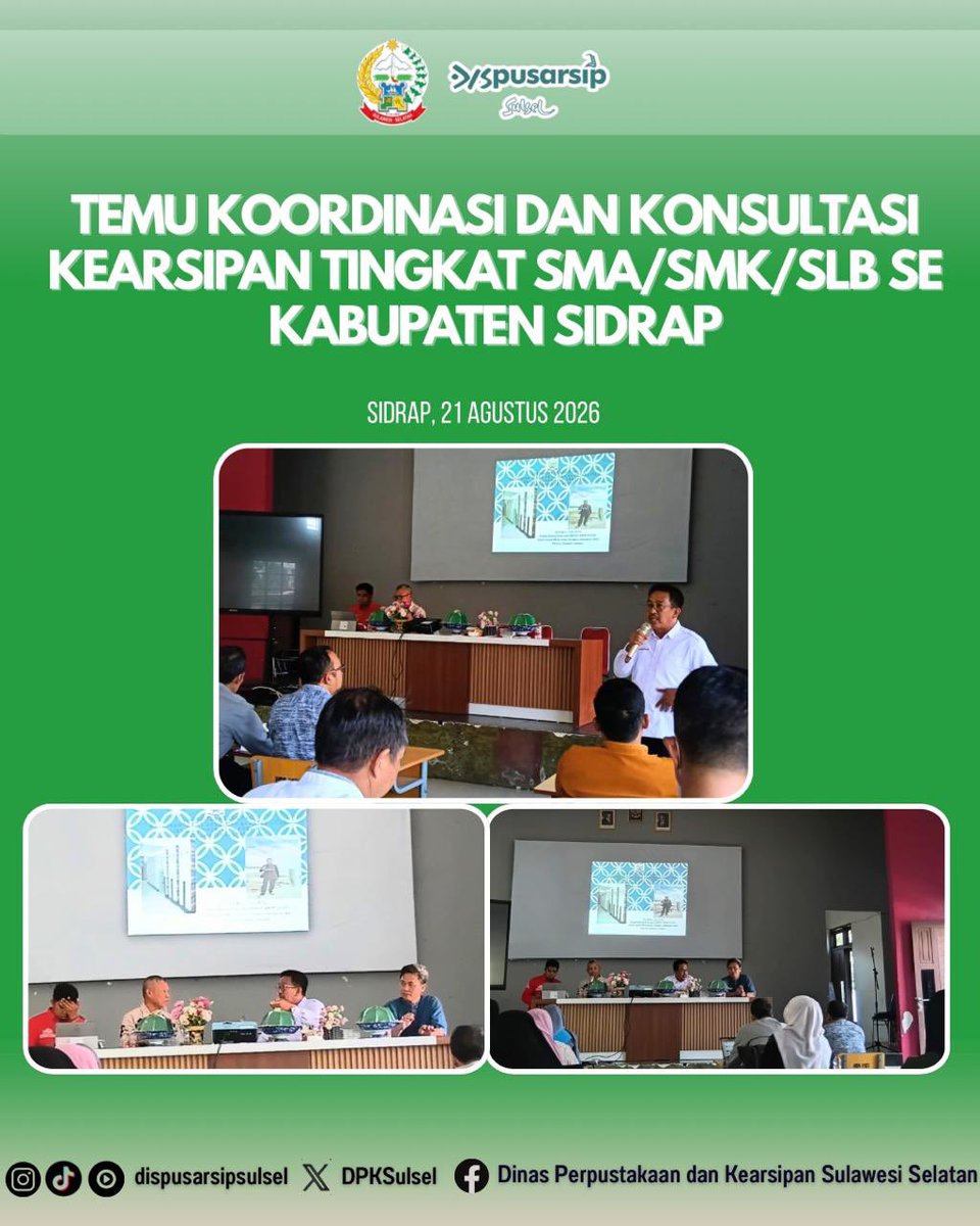 DPKSulsel's tweet photo. Temu Koordinasi dan Konsultasi Kearsipan di Kabupaten Pinrang, siangnya Dinas Perpustakaan dan Kearsipan Sulawesi Selatan  kembali melanjutkan kegiatan yang sama bertempat di  SMA Negeri 2 Kabupaten Sidrap. 21 Agustus 2026 https://t.co/xkpVE1SIXr