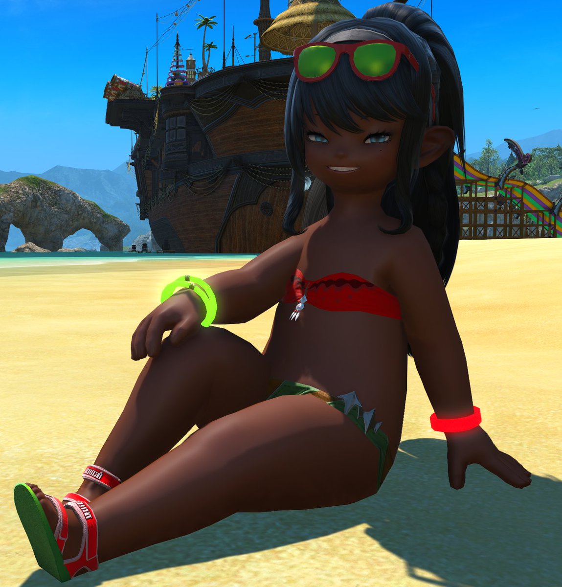 LilFreak_XIV's tweet photo. i saw a watermelon colored swimsuit glam on JP XIV twitter and it was super cute so i had to get a pic of it before the event was over https://t.co/CuGFM1ojes